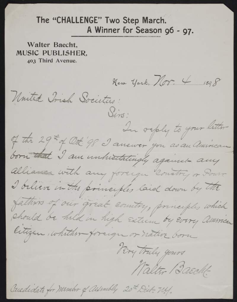 Letter from Walter Baecht to United Irish Societies regarding proposed alliance with England,
