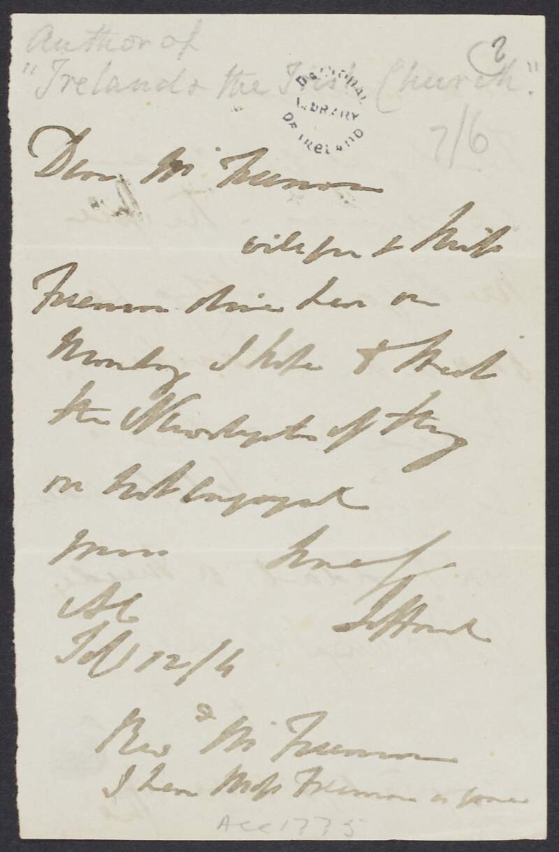 Letter from James Hewitt, Viscount Lifford, to Rev. M. [Freeman?], inviting him to dinner,