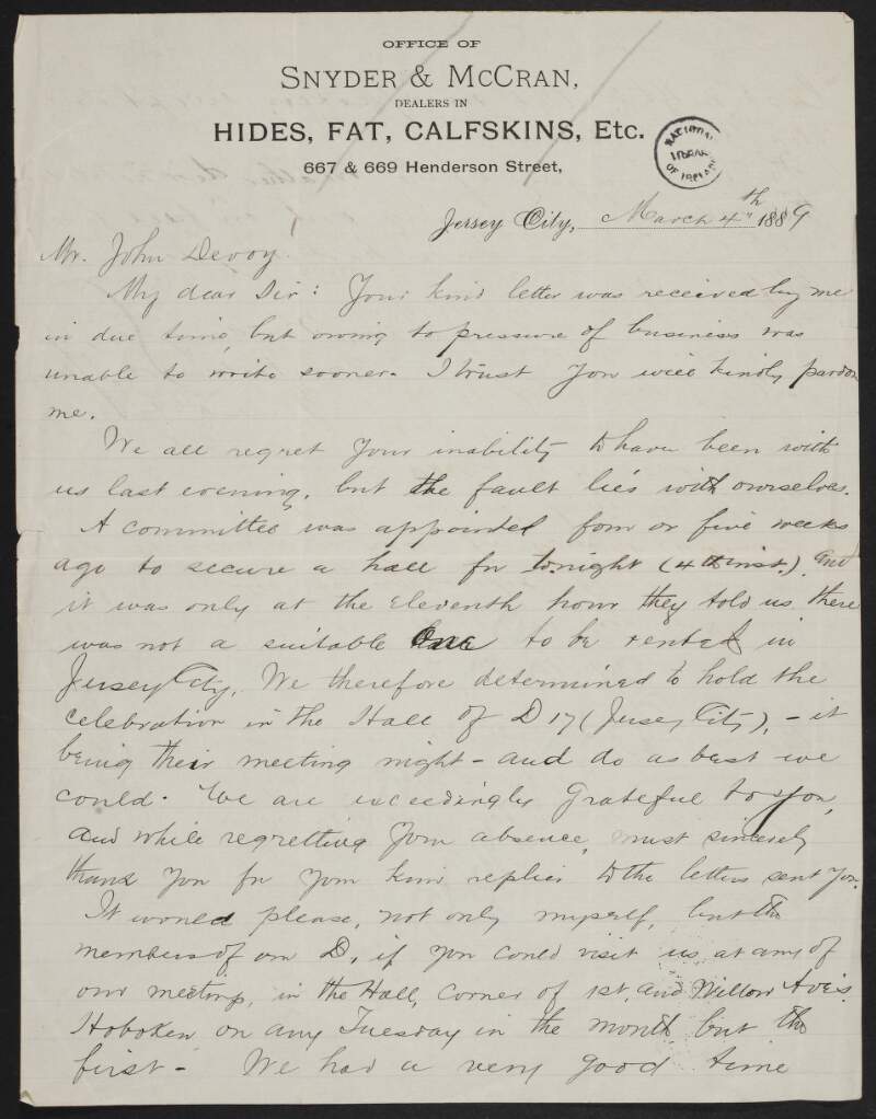 Letter from James Harmon to John Devoy admitting his responsibility for not being able to get a hall in time for the meetings,