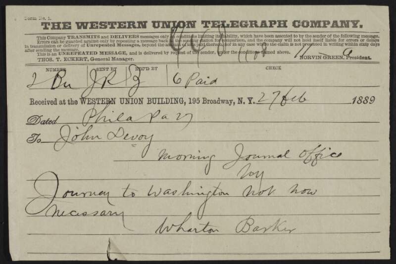 Telegram from Wharton Barker to John Devoy regarding cancellation of journey to Washington,