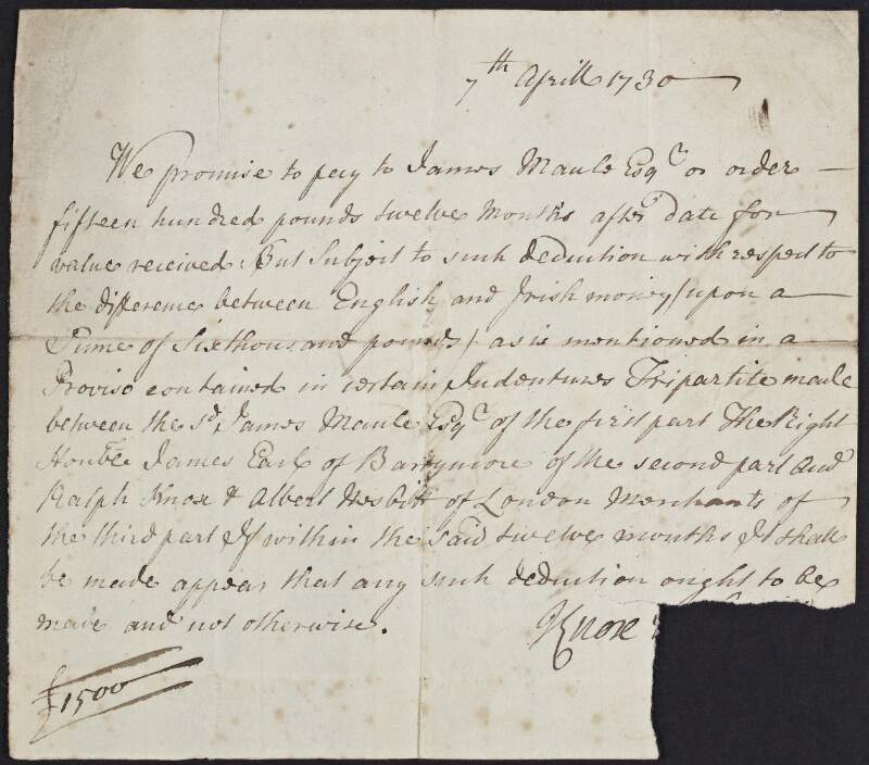 Letter from Robert Knox to James Maule concerning a bond for the sum of £6000 "English and Irish money" involving James Barry, Earl of Barrymore,
