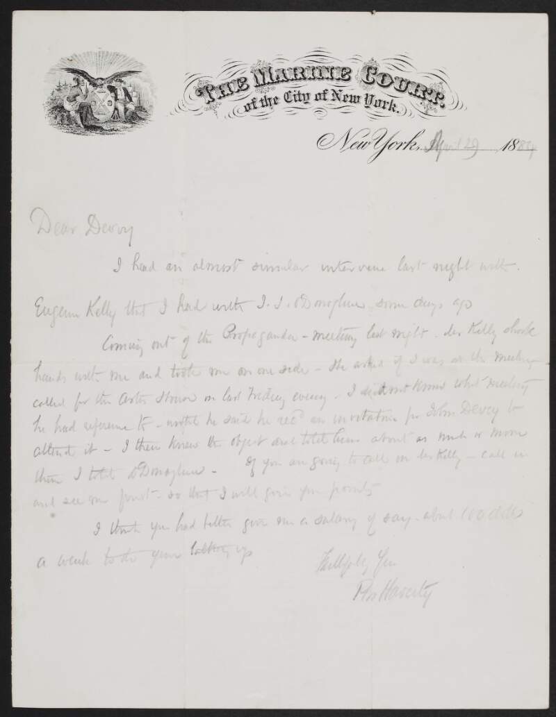 Letter from P. M. Haverty to John Devoy about Eugene Kelly,