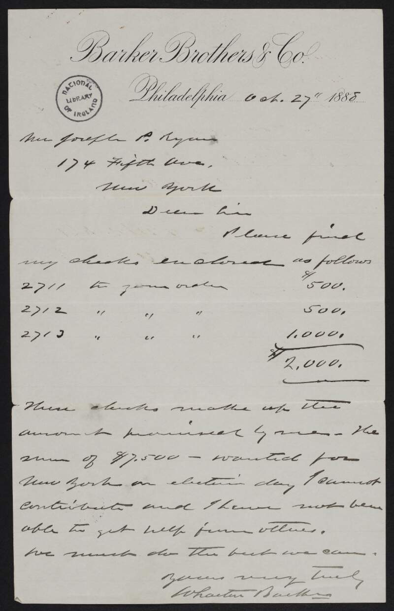 Letter from Wharton Barker to Joseph P. Ryan enclosing cheques,