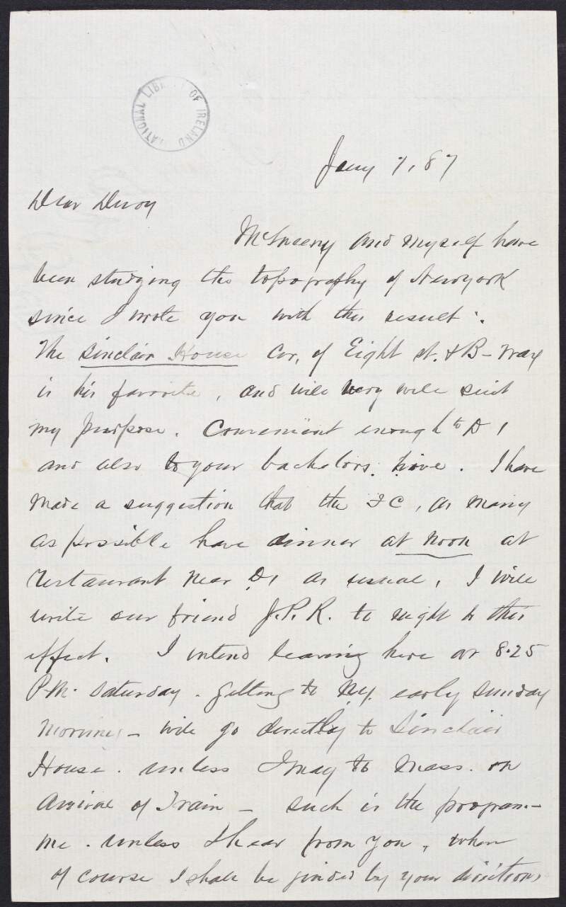 Letter from J.W. Casey to John Devoy detailing Casey's upcoming trip to New York,