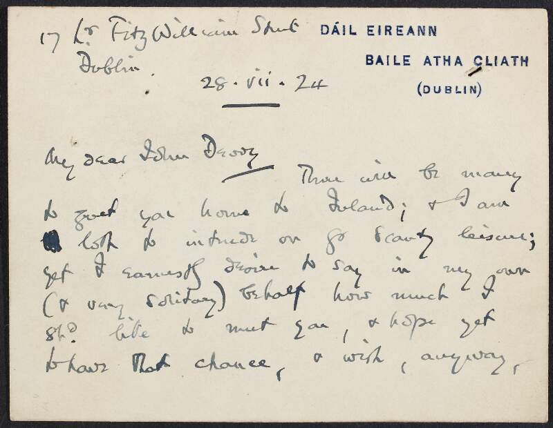 Postcard from Darrell Figgis to John Devoy expressing his wish to meet Devoy on his return to Ireland,