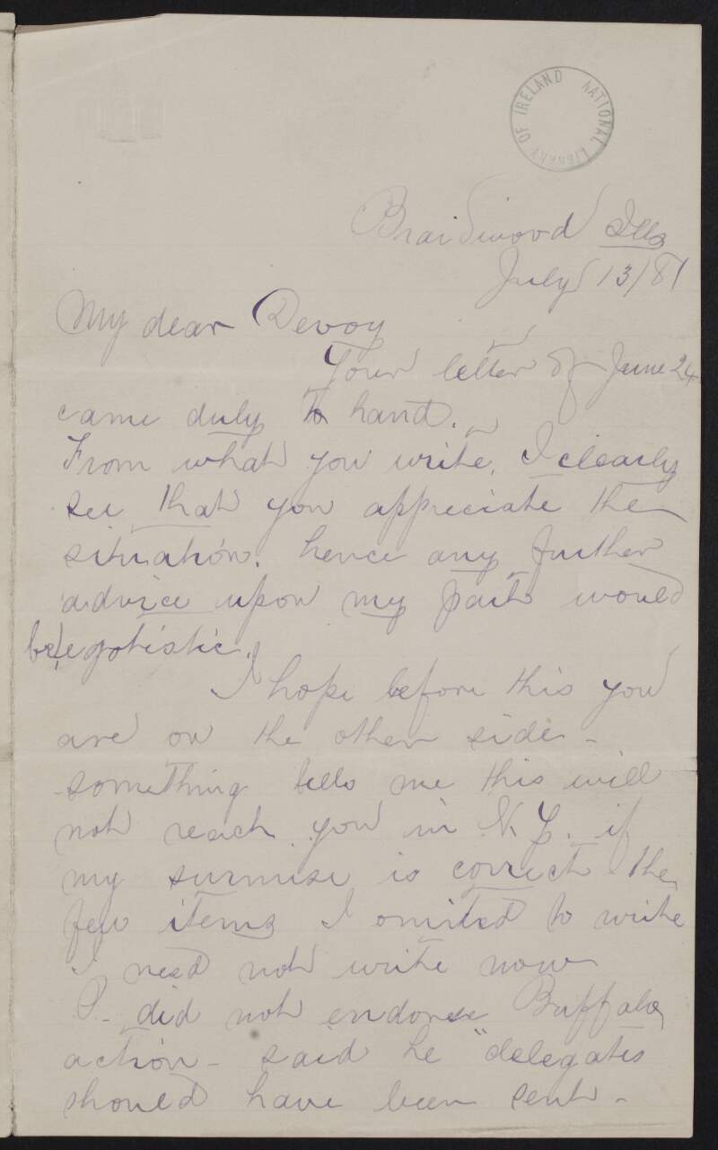 Letter from Henri Le Caron (Thomas Willis Beach) to John Devoy regarding Charles Stewart Parnell and Patrick Egan,