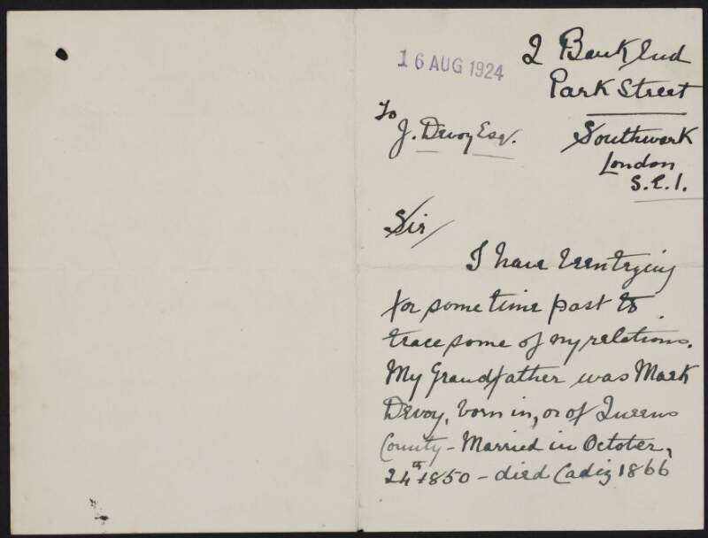 Letter from Elsie Bennett to John Devoy regarding genealogy,