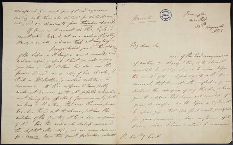 Letter from H. Lambert to George Lamb, politician, discussing political affairs concerning [Robert] Peel's Bill and Joseph Hume's speech,
