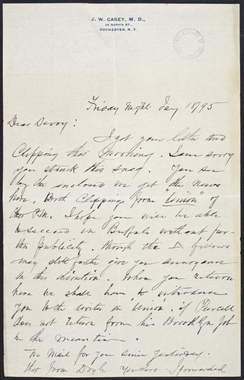 Letter from J.W. Casey to John Devoy wishing Devoy well in his upcoming visit to Buffalo,