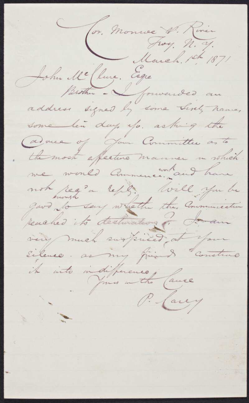 Letter from P. Casey to John Devoy enquiring whether a previous letter, containing a list of sixty names, was received by a committee,