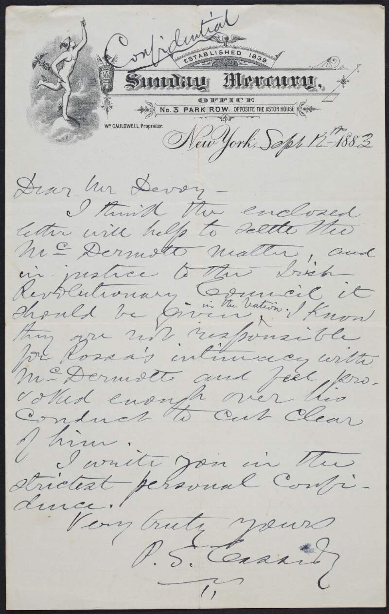 Letter from P.S. Cassidy to John Devoy regarding police agent ['Red Jim'] McDermott,