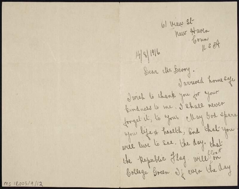 Letter from Michael J. Flynn to John Devoy thanking him for his assistance,