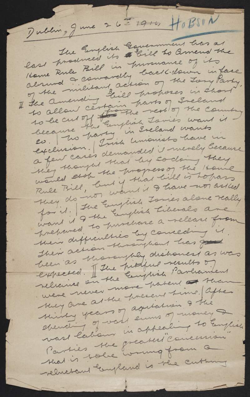 Letter from Bulmer Hobson in which he expresses his frustration at the Home Rule Bill,