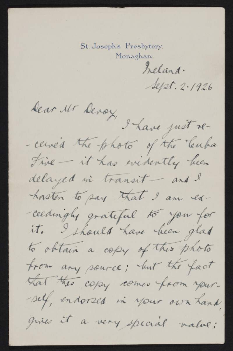 Letter from A. H. Boylan to John Devoy regarding a photograph of the "Cuba Five",