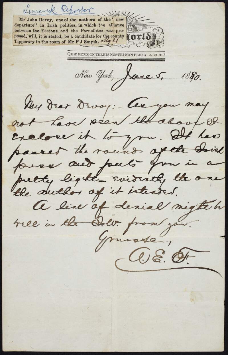 Letter from Austin E. Ford to John Devoy regarding a newspaper clipping from the 'Limerick Reporter' newspaper claiming that Devoy was to "be a candidate for the county Tipperary in the room of Mr. P.J. Smyth",