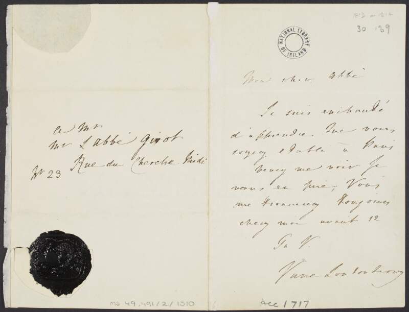 Letter from Robert Stewart, 1st Marquess of Londonderry, to "Abbé Girot", inviting him to visit his home now that the Abbé is settled in Paris,
