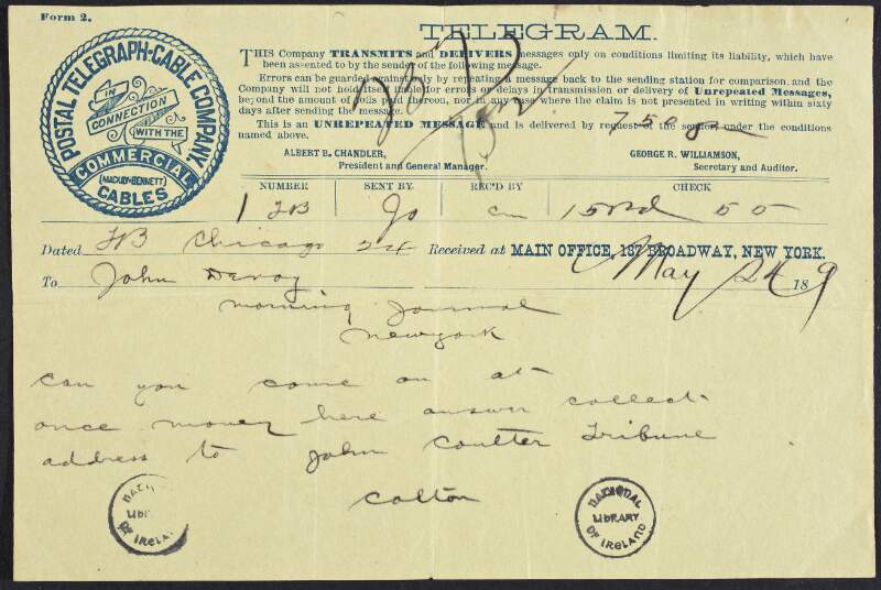 Telegrams from James Clancy (Colton) to John Devoy arranging trip for Devoy to 'Morning Journal' office in New York,