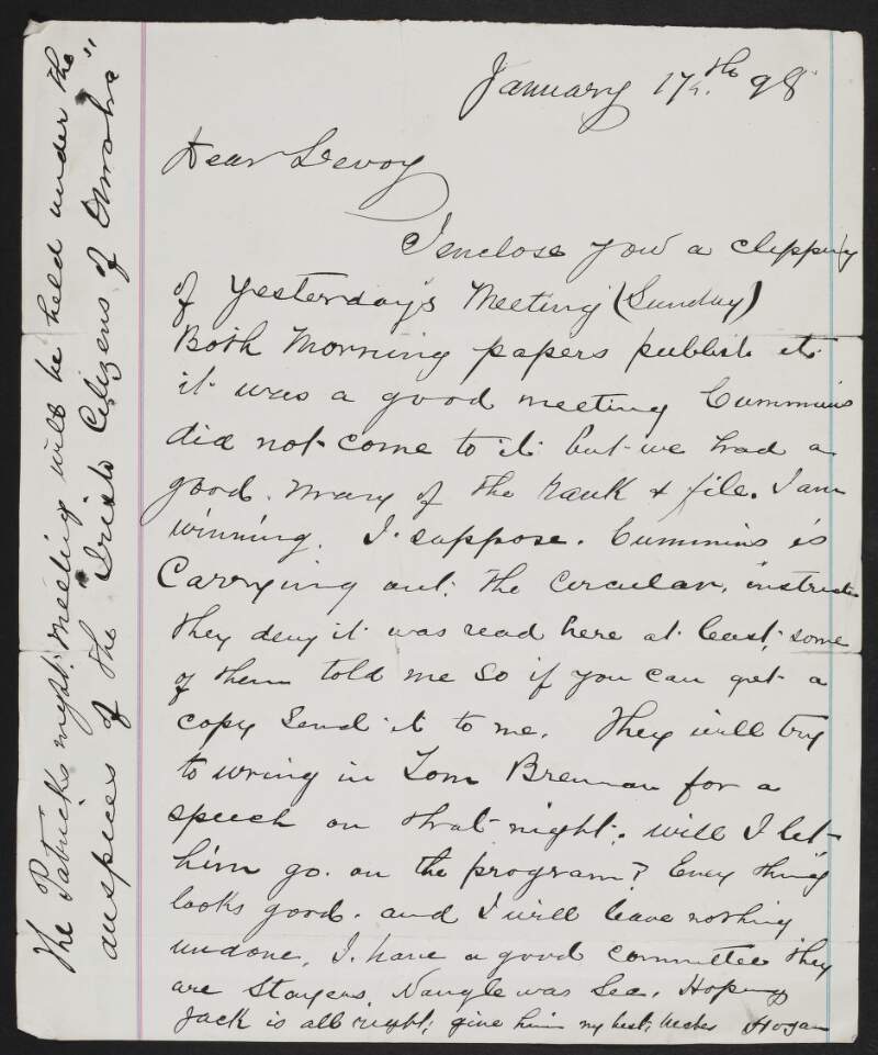 Letter from Mike Hogan to John Devoy enclosing a newspaper clipping which is not present,