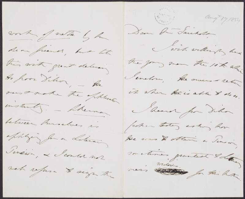 Letter from Charles Vane, 3rd Marquess of Londonderry, to Frederick William Fairholt, regarding attempts by Thomas Crofton Croker to get a literary pension for his mother,