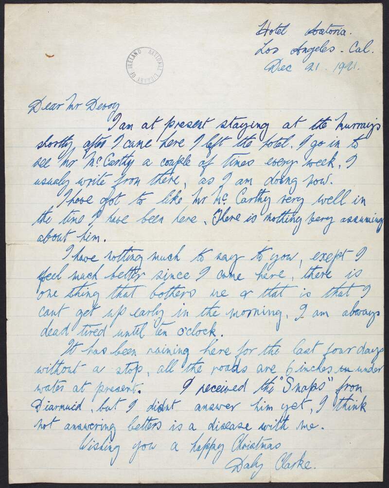 Letter from Daly Clarke to John Devoy informing him that his health is improving and wishing him a Happy Christmas,