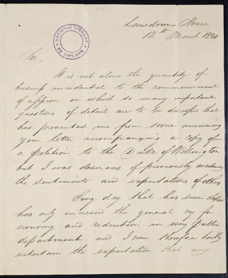 Letter from Henry Petty-FitzMaurice, Marquess of Lansdowne, to Rev. George Hamilton, concerning a copy of a petition and an application to the Duke of Wellington,