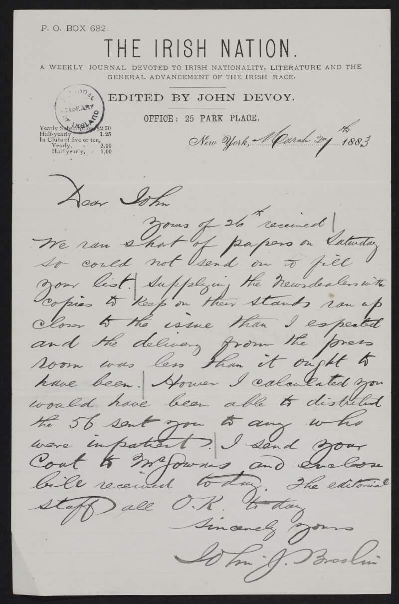Letter from John J. Breslin to John Devoy regarding distribution of the latest issue of the 'Irish Nation',