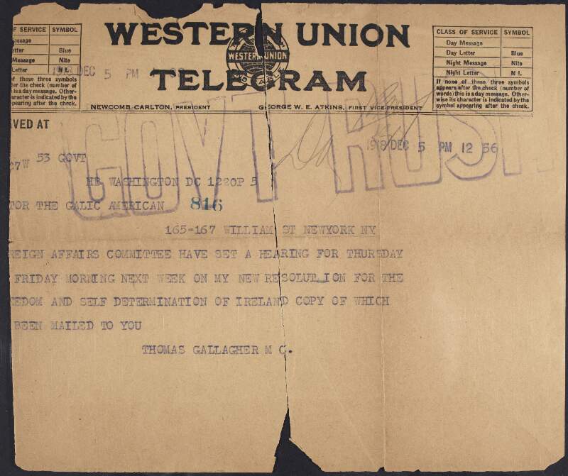 Telegram from Thomas Gallagher to John Devoy regarding a Foreign Affairs Committee hearing,