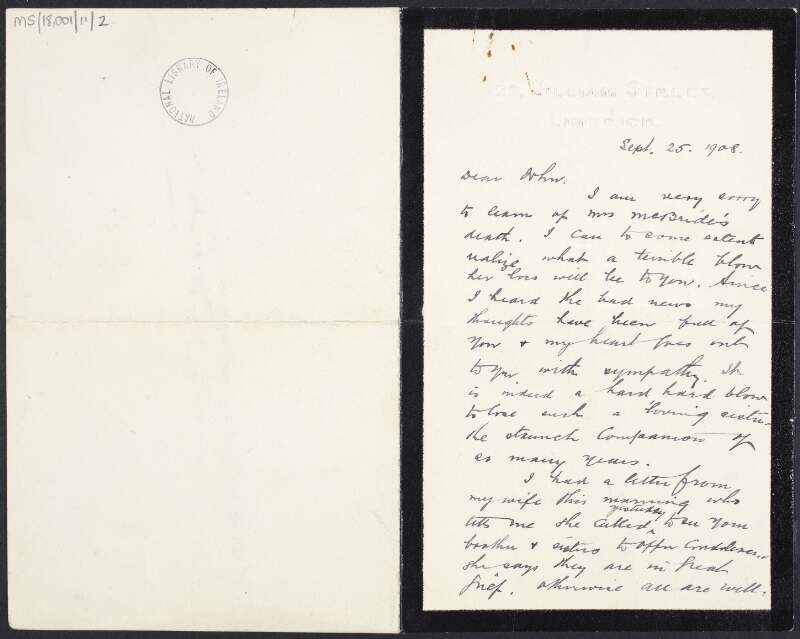 Letter from Thomas Clarke to John Devoy offering condolences on the death of Devoy's sister (Mrs. MacBride),