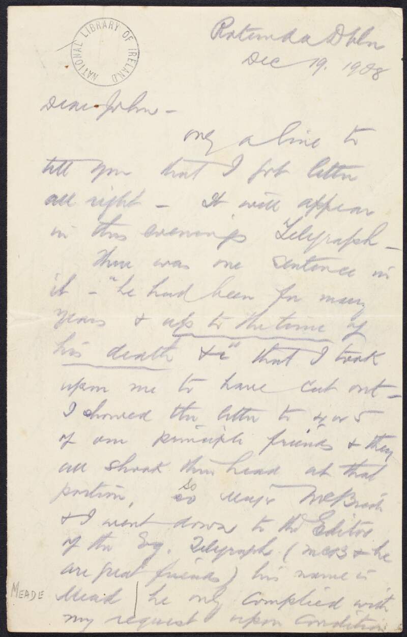 Letter from Thomas Clarke to John Devoy regarding the death of Edward Cronin and the recent ill-health of John Daly and Jim Egan,