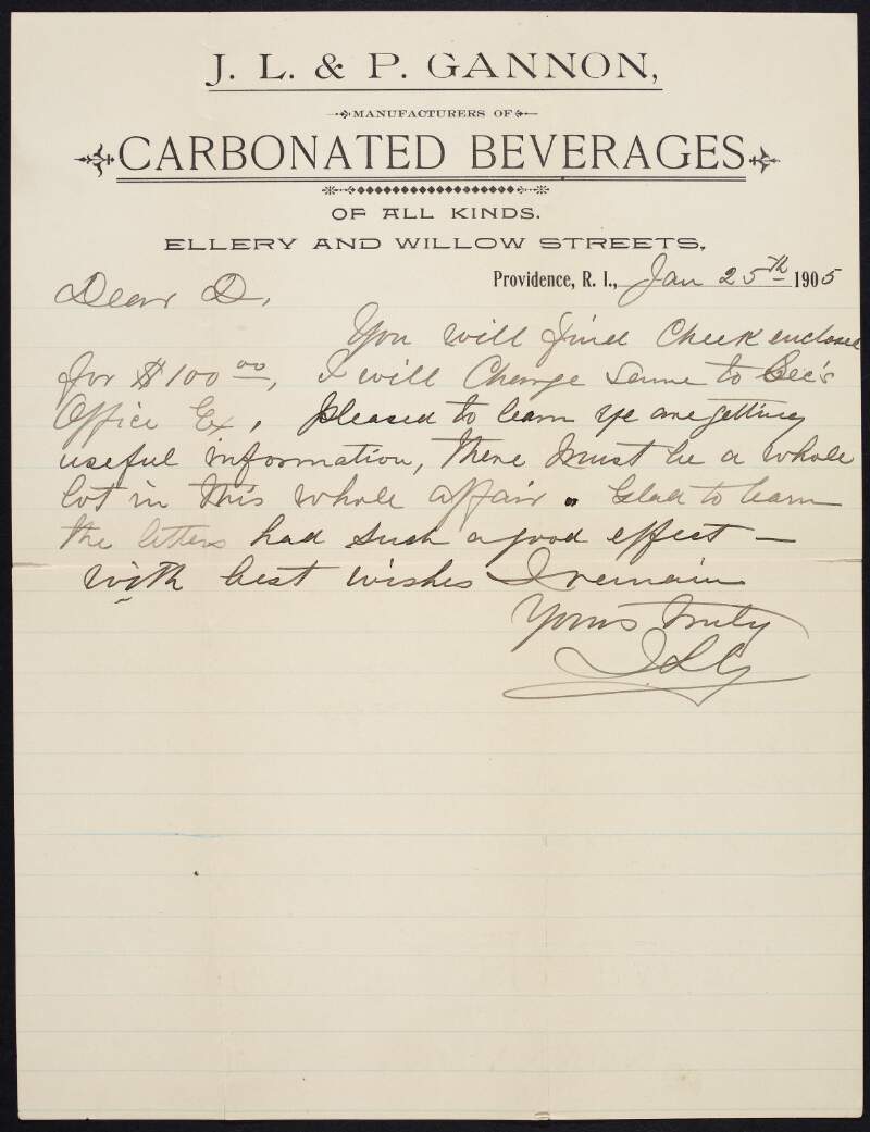 Letter from John L. Gannon to John Devoy regarding a cheque for $100,