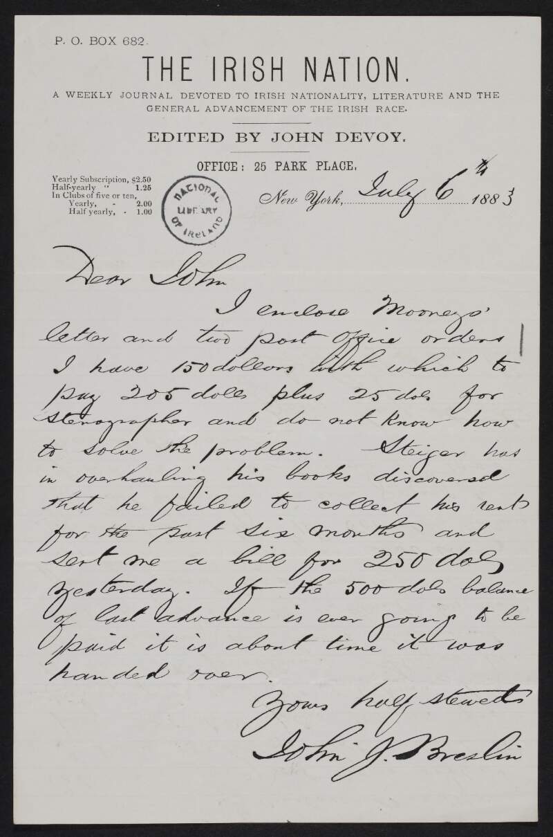 Letter from John J. Breslin to John Devoy regarding financial problems, enclosing letter from "Mooney" and postal orders,