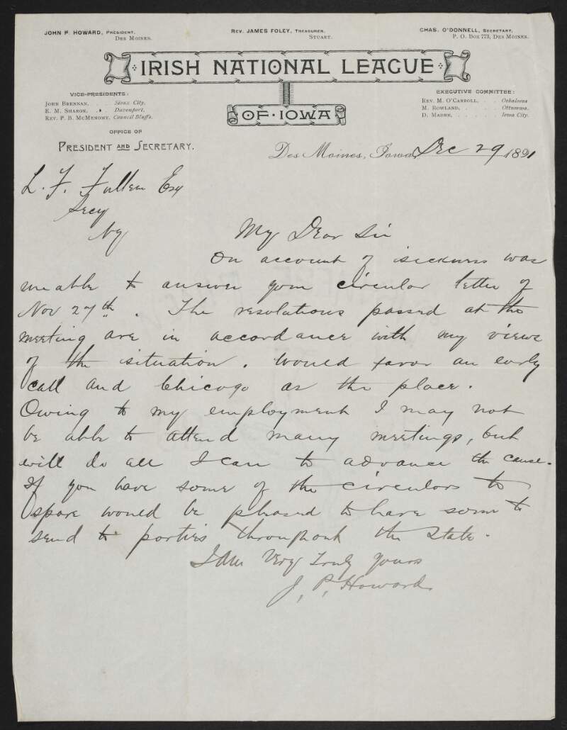 Letter from John P. Howard to John Devoy, he was unable to answer a letter of his due to illness