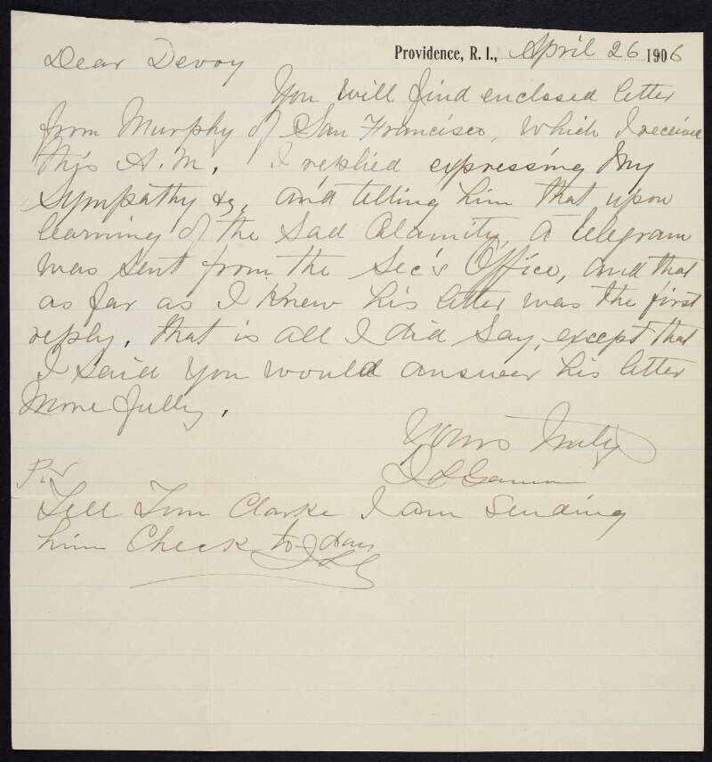 Letter from John L. Gannon to John Devoy regarding "Murphy" and Tom Clarke,