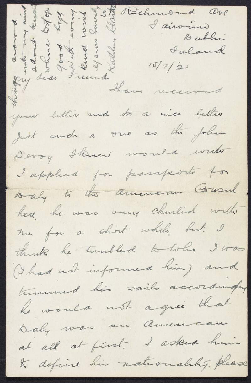 Letter from Kathleen Clarke to John Devoy regarding the present troubles in Ireland and her belief that Michael Collins as "the best man we have",