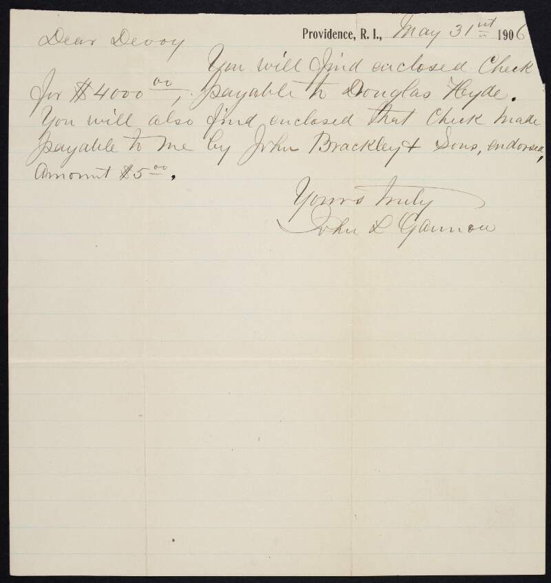 Letter from John L. Gannon to John Devoy regarding finances and Douglas Hyde,