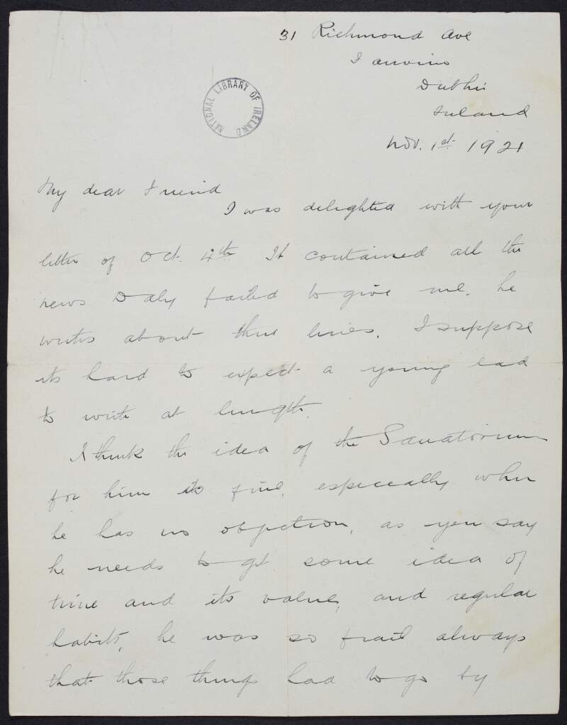 Letter from Kathleen Clarke to John Devoy agreeing that her son Daly could benefit from spending some time in a sanatorium health resort while in the United States,