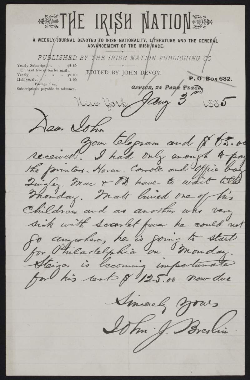 Letter from John J. Breslin to John Devoy regarding delay to Matt Carroll's canvassing in Philadelphia,
