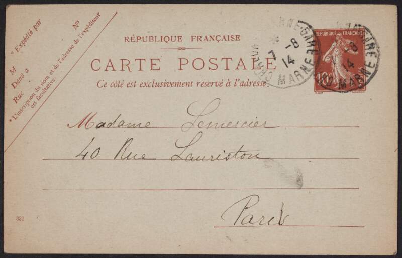 Postcard from Eugène Lemercier to his mother, Marguerite Lemercier, informing her that he is still at the depot but that replacement troops are being sent to the front in rapid succession,