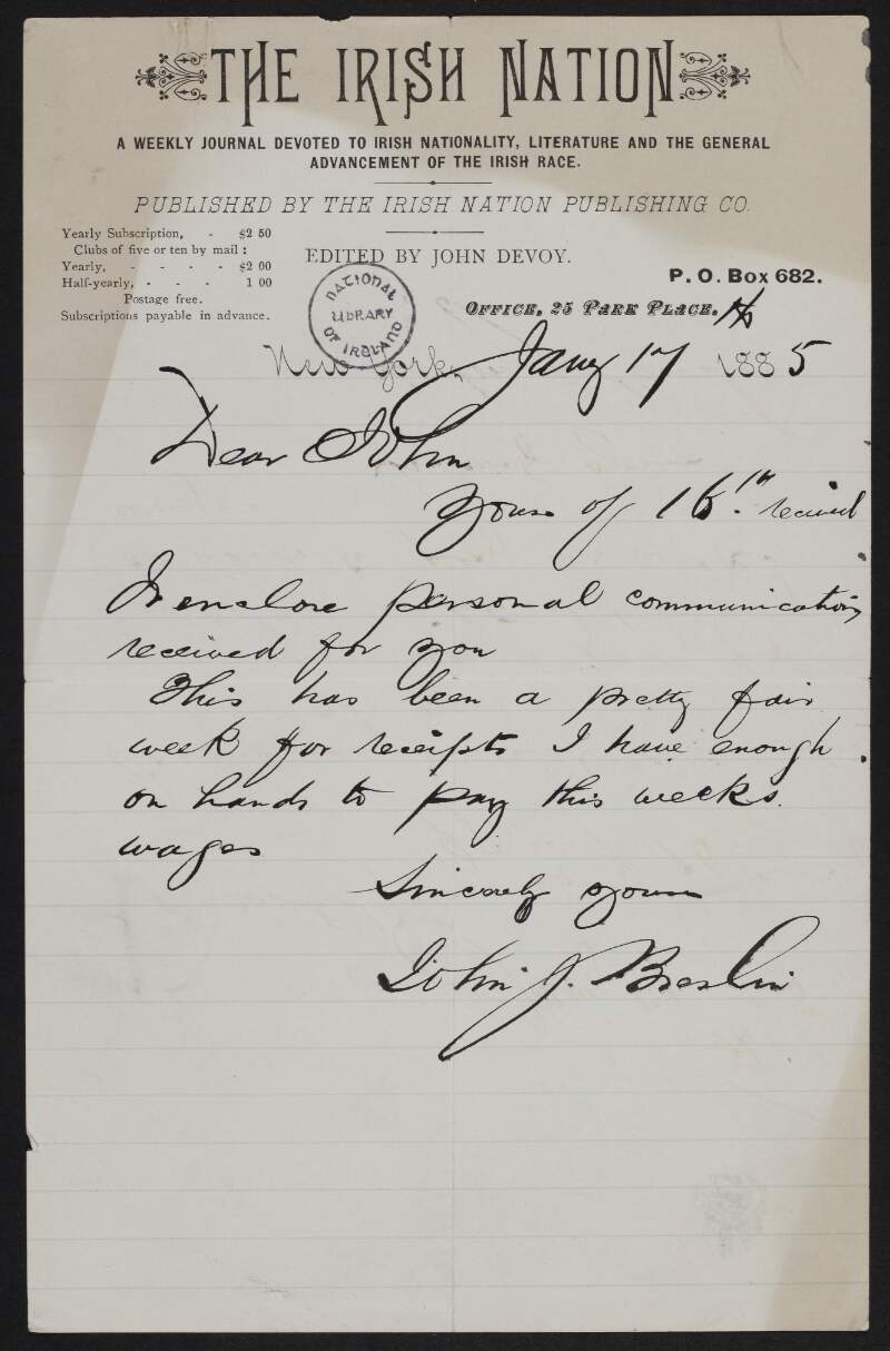 Letter from John J. Breslin to John Devoy enclosing personal communication,