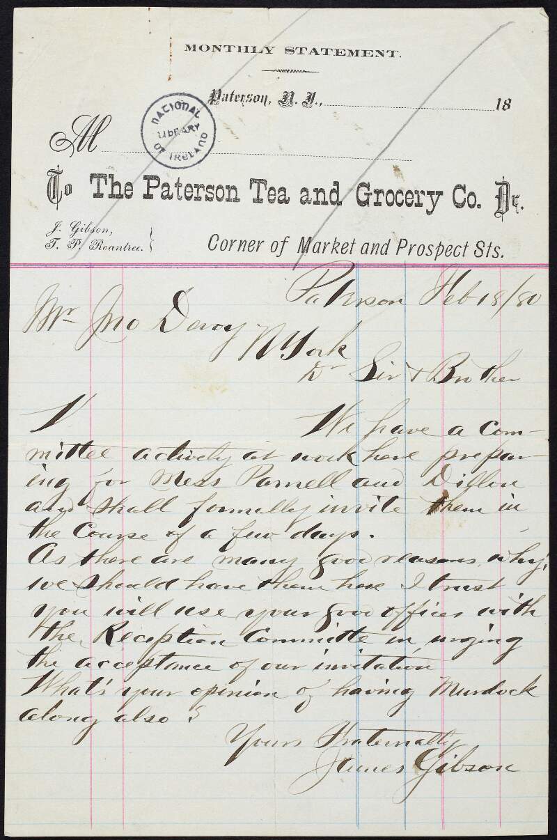 Letter from James Gibson to John Devoy regarding plans to invite Charles Stewart Parnell, John Dillon and "Murdock" to Paterson, New York,