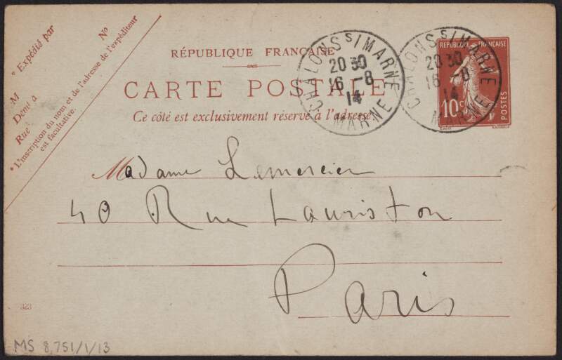 Postcard from Eugène Lemercier to his mother, Marguerite Lemercier, informing her that he is optimistic,