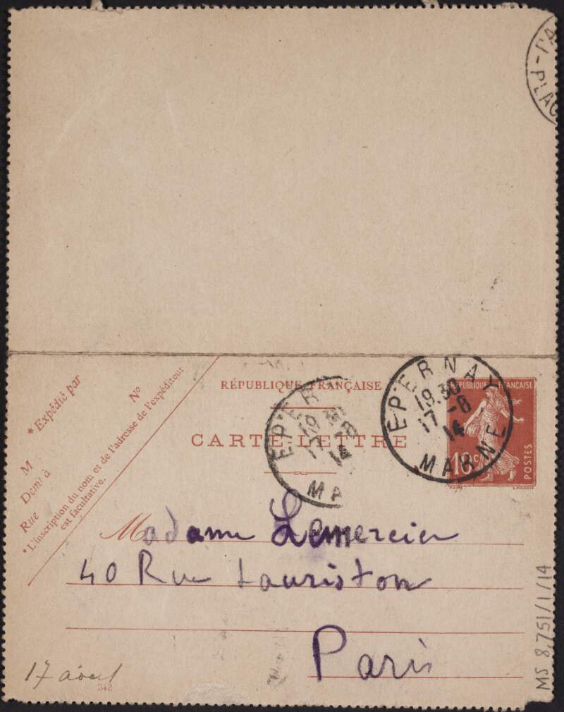 Lettercard from Eugène Lemercier to his mother, Marguerite Lemercier, informing her that he is amongst those deemed fit to campaign,