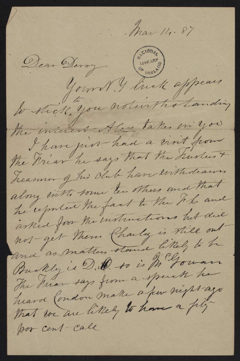 Letter from Michael Breslin to John Devoy regarding the Fenian Brotherhood and the 1887 jubilee, also mentioning "Charley" and that "Buckley" and "McGowan" are District Officers,