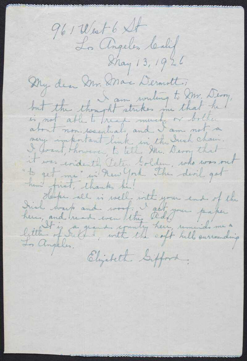 Letter from Elizabeth Gifford to "Mr. Mac Dermott" regarding John Devoy,