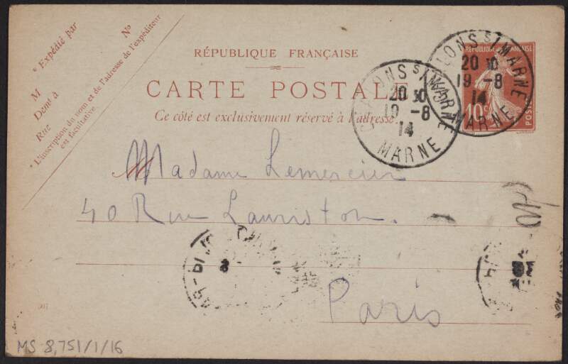 Postcard from Eugène Lemercier to his mother, Marguerite Lemercier, informing her that newspaper news are confirmed by those who have come from the front,