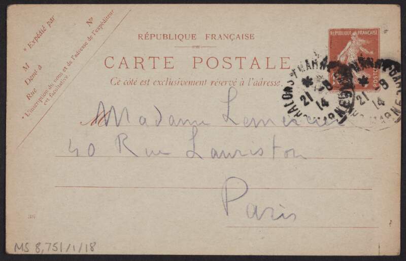 Postcard from Eugène Lemercier to his mother, Marguerite Lemercier, informing her that he expects grave events for which the country will need all its soul's strength,