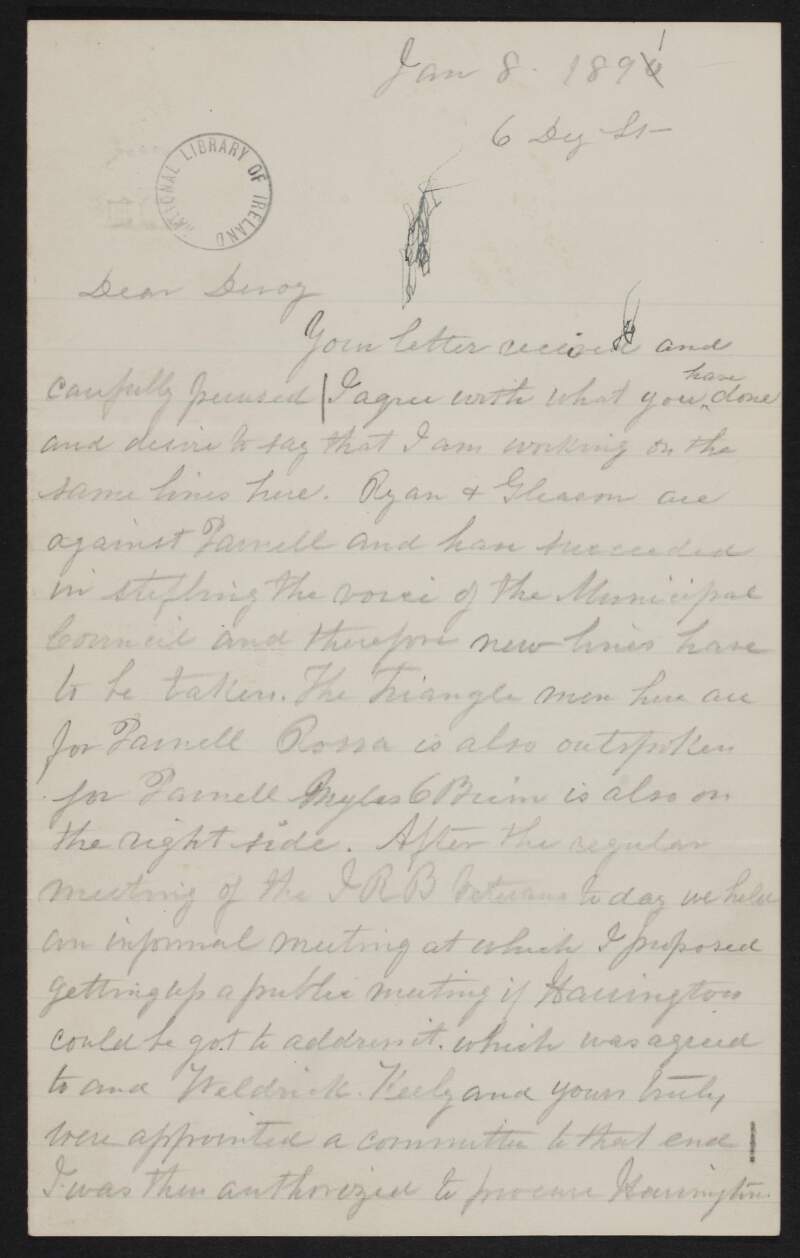 Letter from Michael Breslin to John Devoy regarding the split between those for and against Charles Stewart  Parnell,