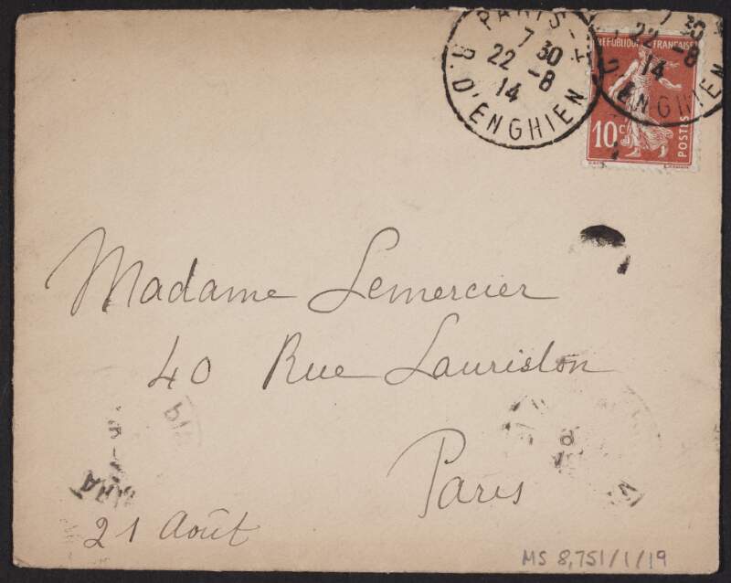 Letter from Eugène Lemercier to his mother, Marguerite Lemercier, informing her that a battle is taking place and that it does not seem he will be sent to the front yet,