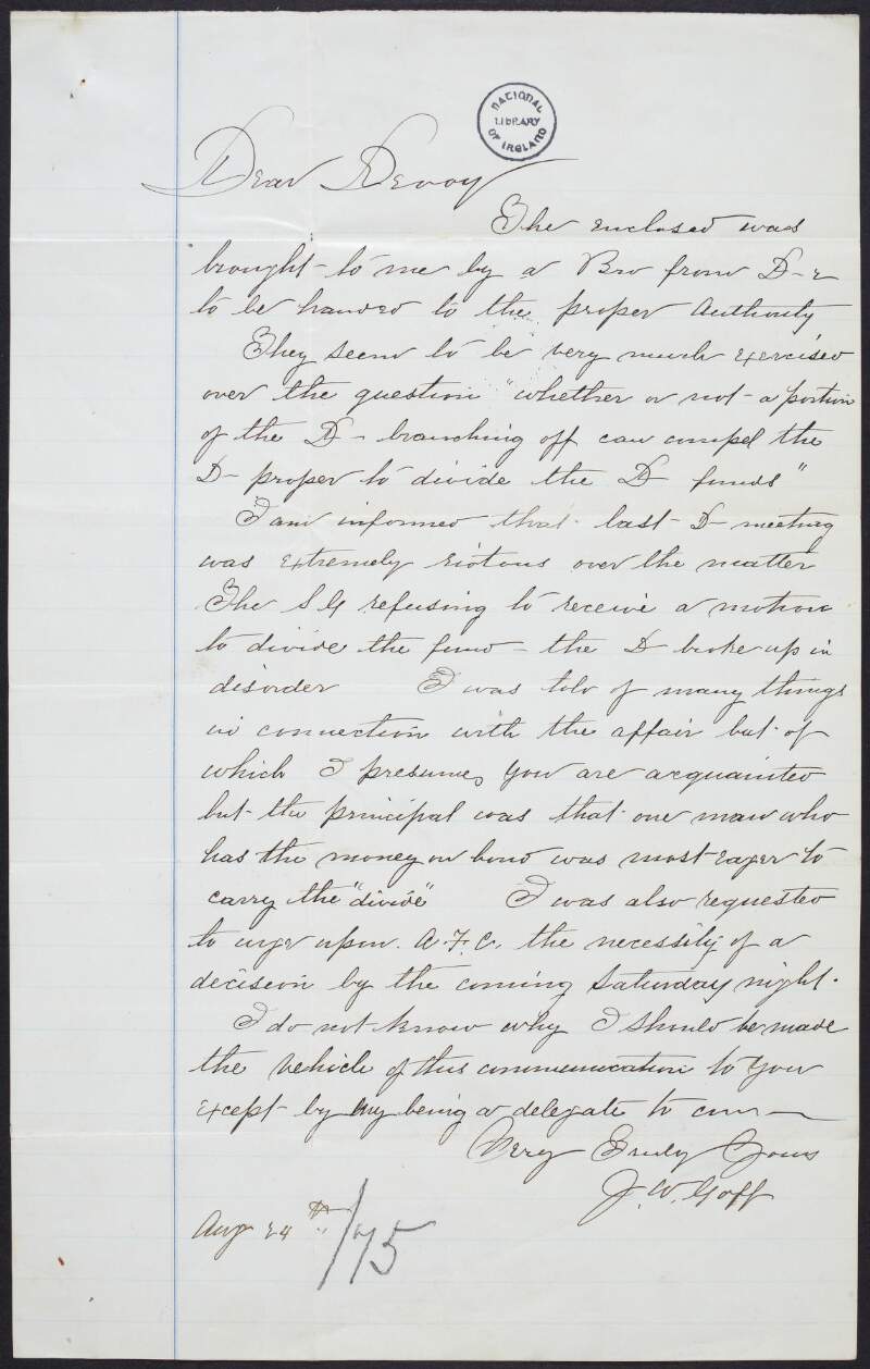Letter from John W. Goff to John Devoy regarding "D" funds and "A.F.C.",