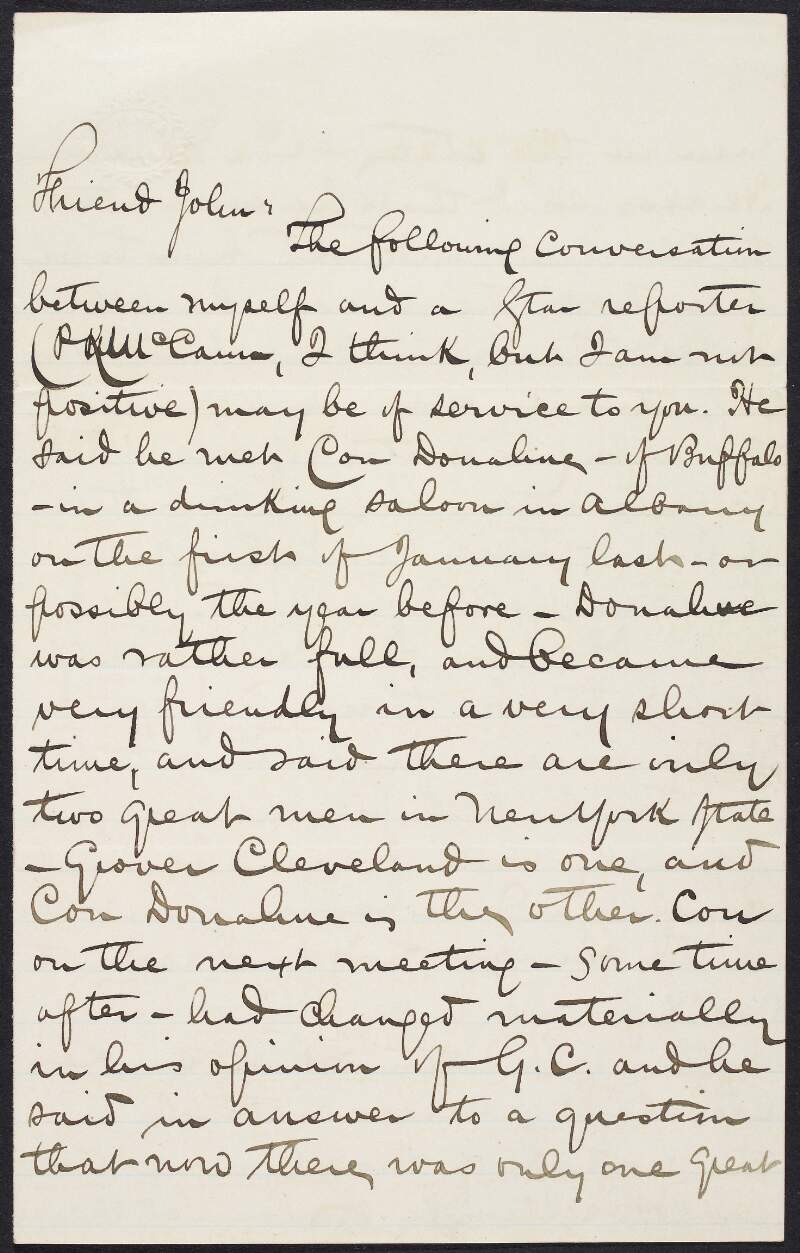 Letter from P. Gleam to John Devoy regarding Con Donahue and Grover Cleveland ,